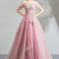 Pink tulle lace long prom dress evening dress  10623