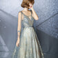 Gray tulle sequins long prom dress A line evening gown  10492