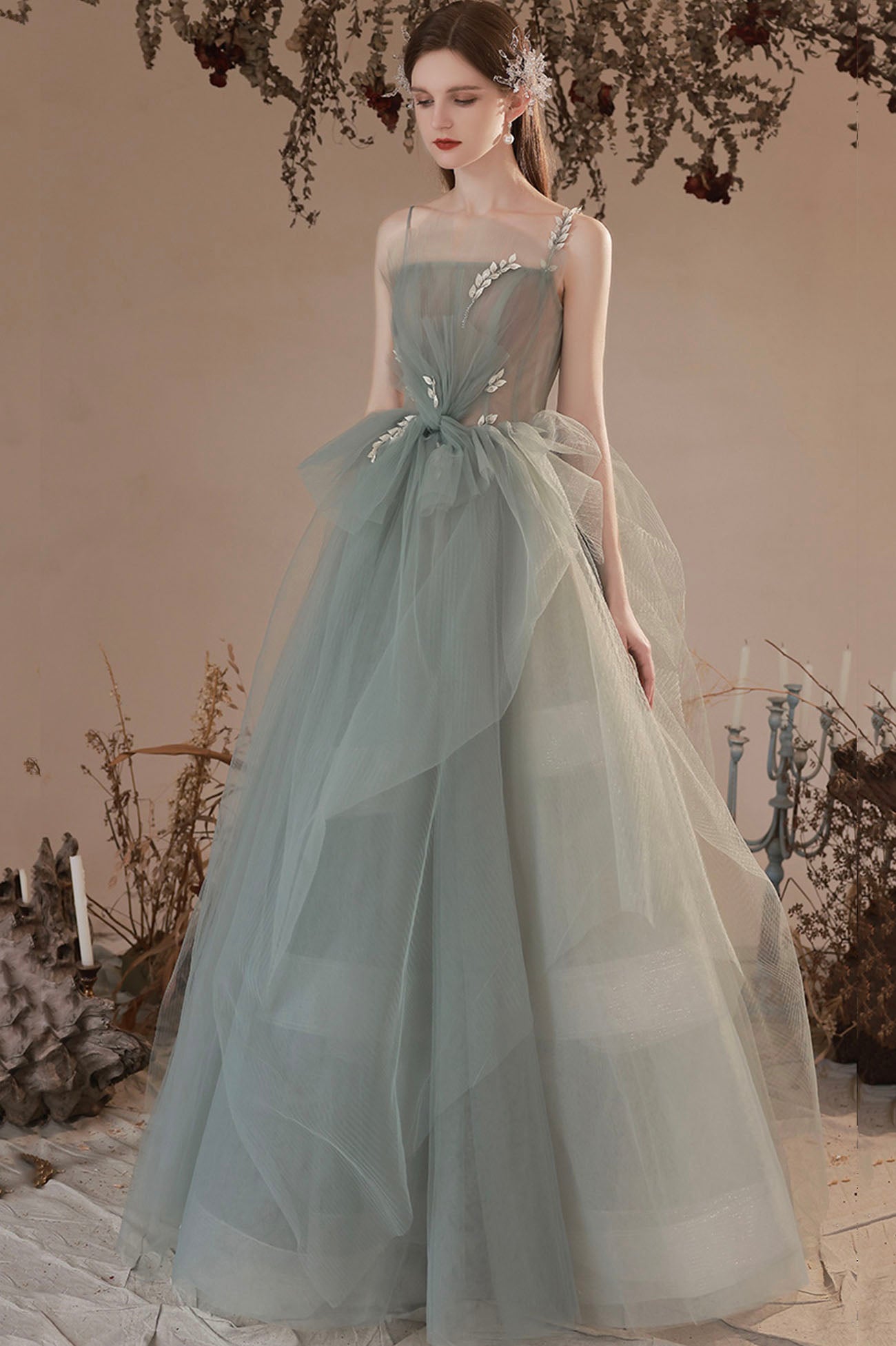 Cute tulle long A line prom dress evening dress  10645
