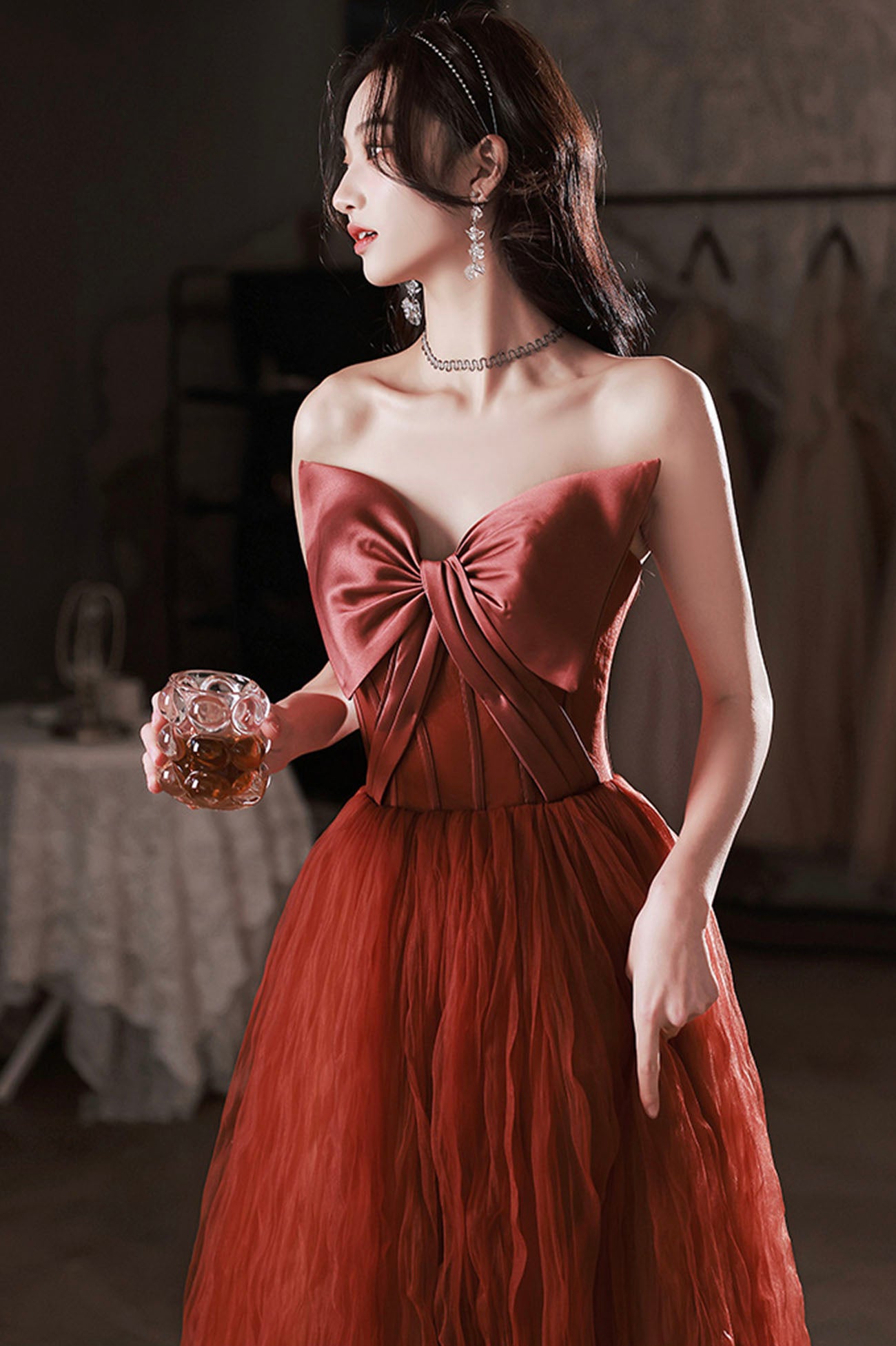 Burgundy satin tulle long prom dress A line evening dress  10649