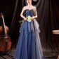 Blue tulle long A line prom dress blue evening dress  10533