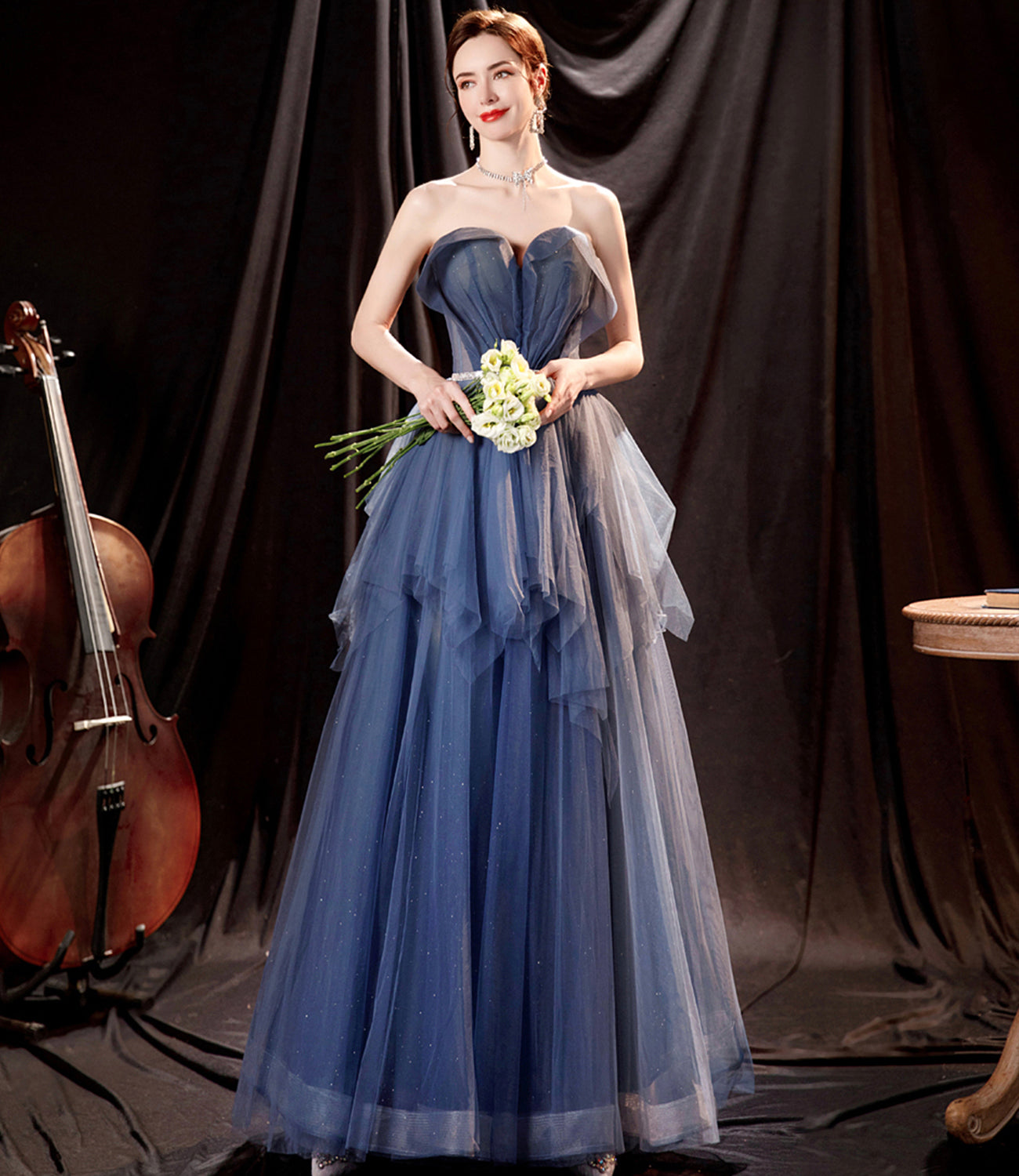 Blue tulle long A line prom dress blue evening dress  10533