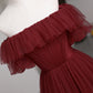 Burgundy tulle long prom dress A line evening dress  10503