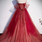 Burgundy tulle sequins long prom dress A line evening gown  10632