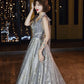Gray tulle sequins long prom dress A line evening gown  10436