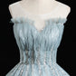 Blue tulle sequins long prom dress A line formal dress  10456