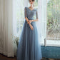 Blue tulle beads long prom dress A line evening gown  10333