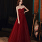 Burgundy tulle sequins long prom dress A line evening dress  10555