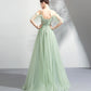 Green tulle lace long prom dress A line evening dress  10575