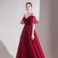 Bugundy velet tulle long prom dress A line evening dress  10553