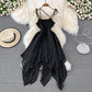 Schwarzes unregelmäßiges rückenfreies Kleid A-Linie Modekleid 10694