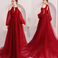 Red tulle long prom dress A line evening dress  10444