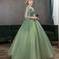 Green tulle lace long prom dress A line evening gown  10342