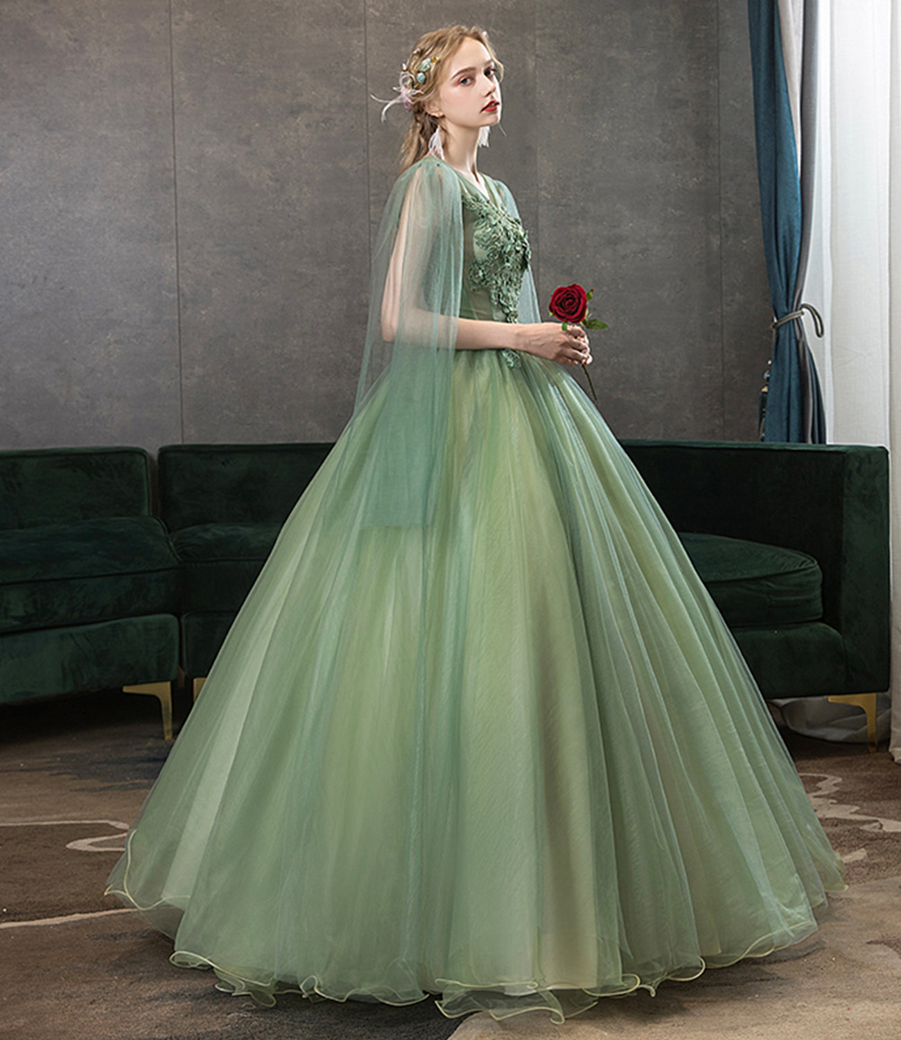 Green tulle lace long prom dress A line evening gown  10342