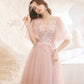 Pink tulle lace long prom dress pink evening dress  10525