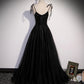 Black tulle beads long prom dress A line evening dress  10500