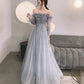 Gray tulle sequins long prom dress A line evening dress  10559
