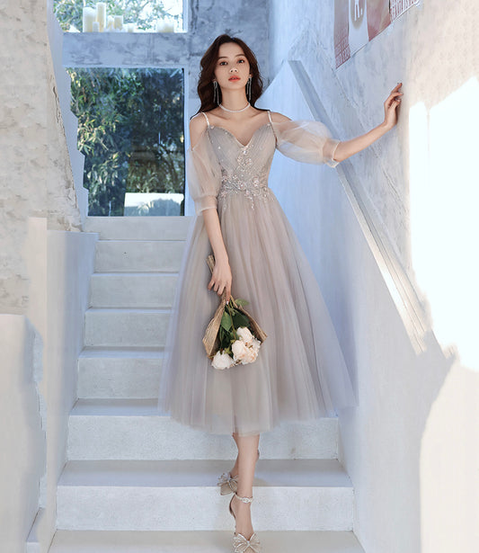 Cute tulle lace A line prom dress lace evening dress  10560