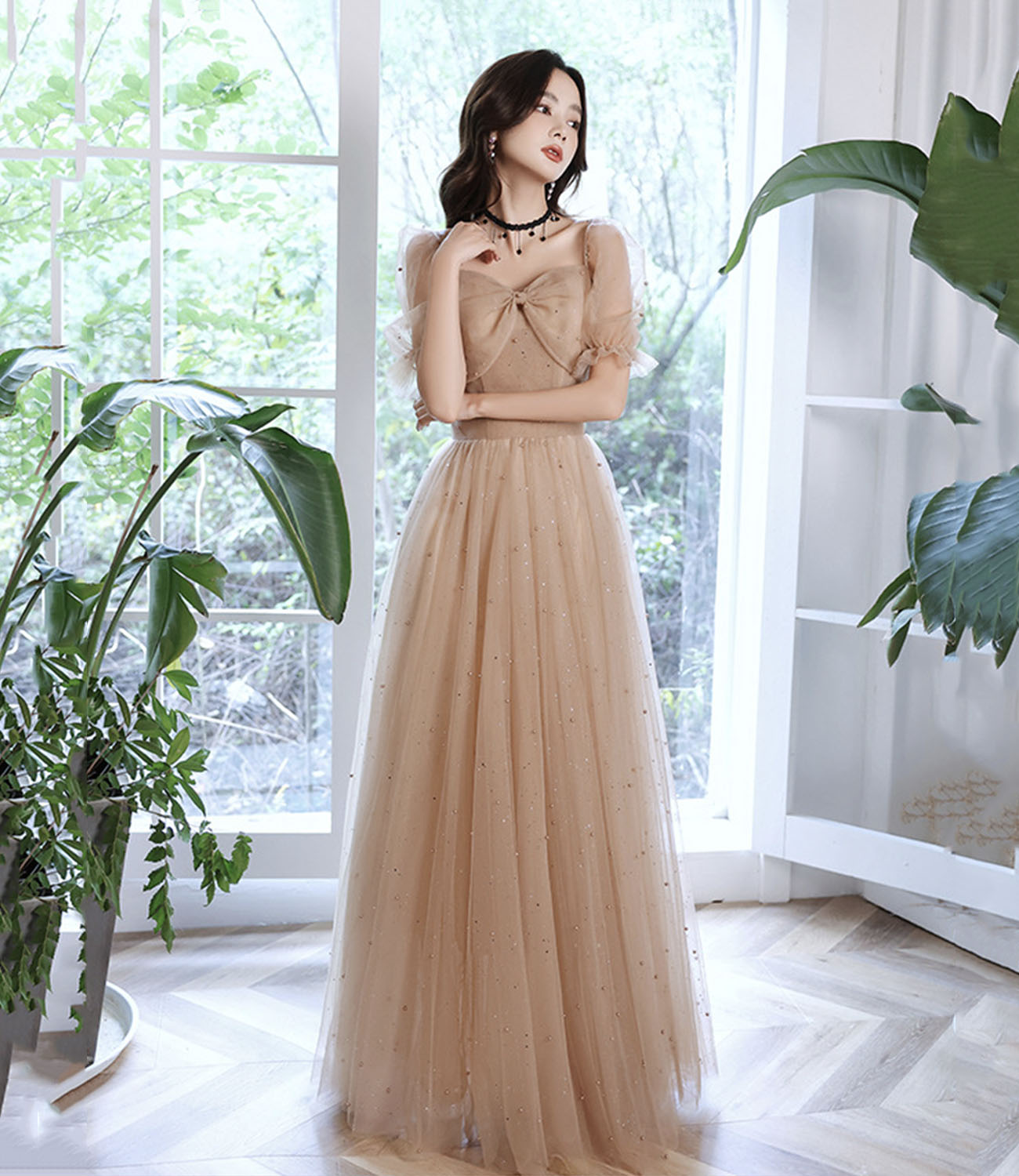 Cute tulle long prom dress A line evening dress  10430