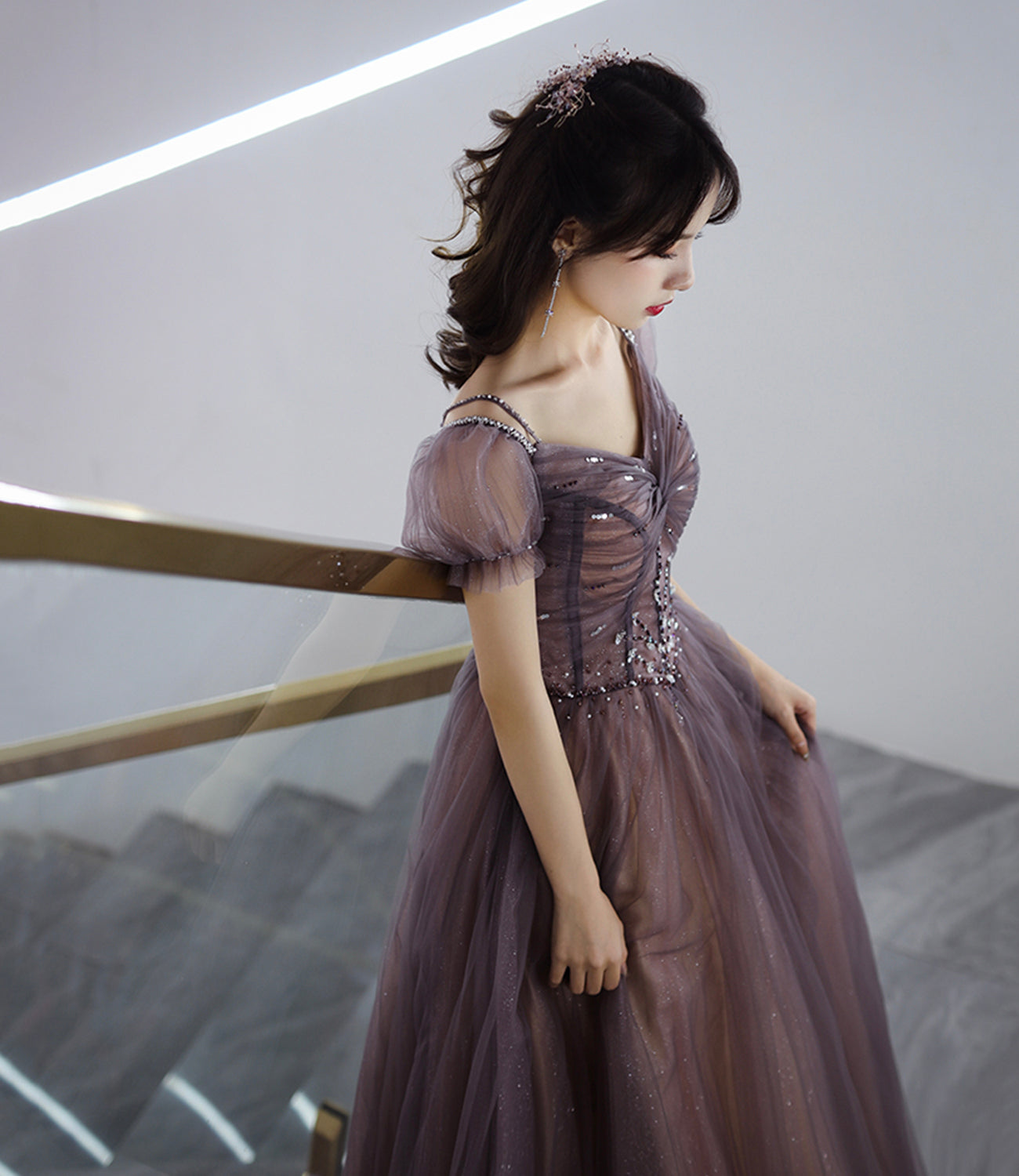 Cute tulle beads long prom dress A line evening dress  10498