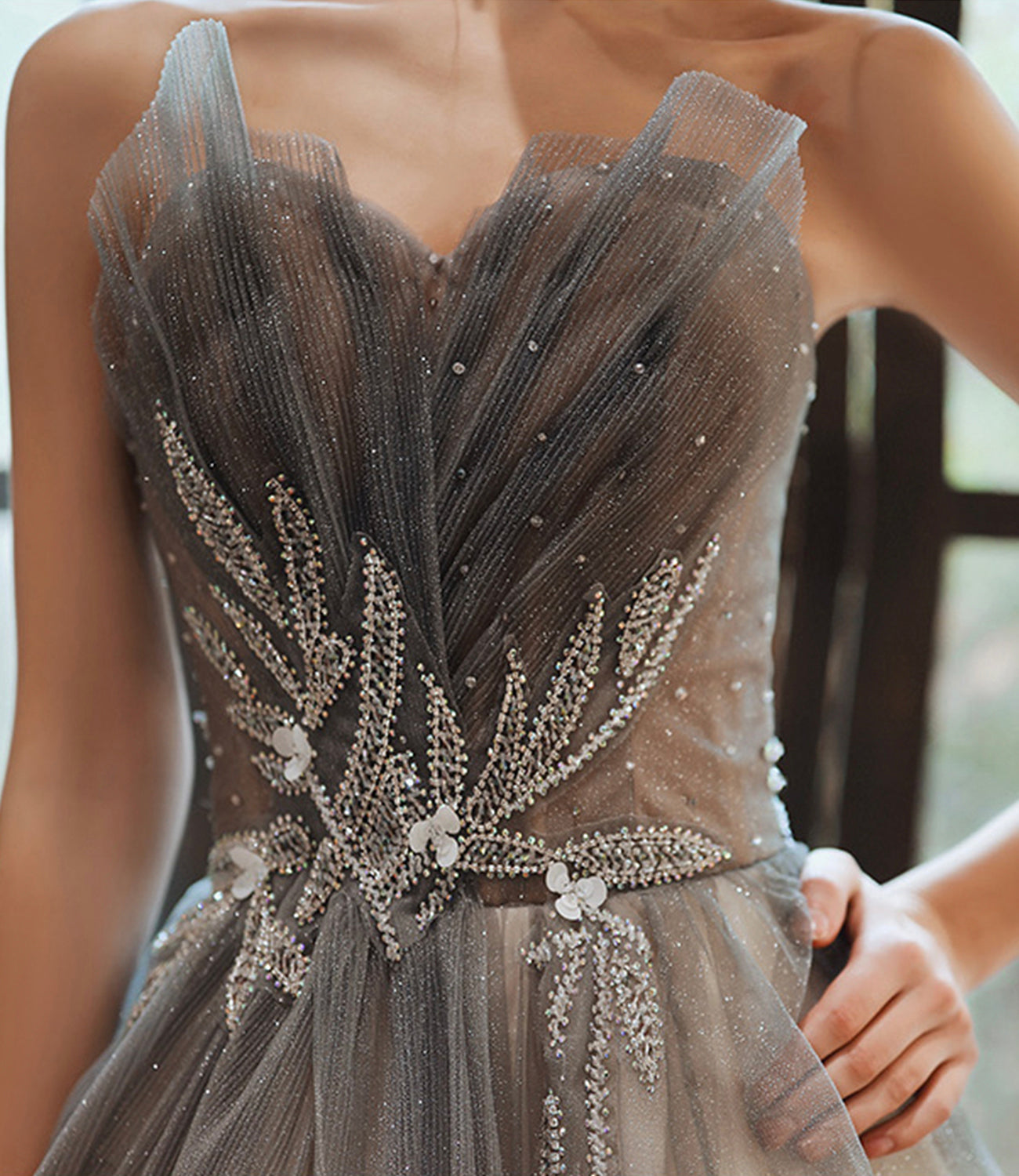 Gray tulle sequins long prom dress A line evening gown  10376