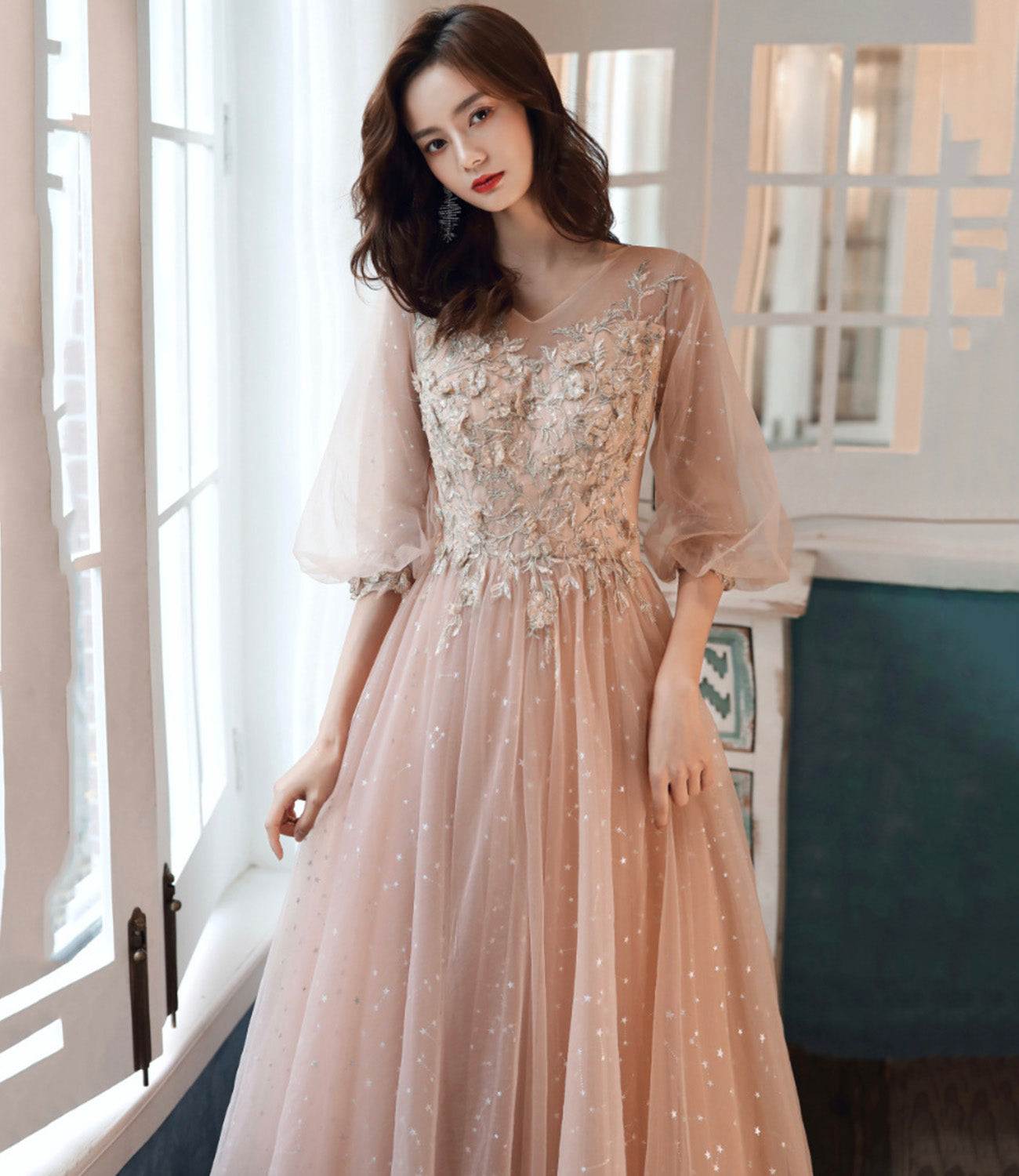 Cute tulle lace long prom dress A line evening dress  10554