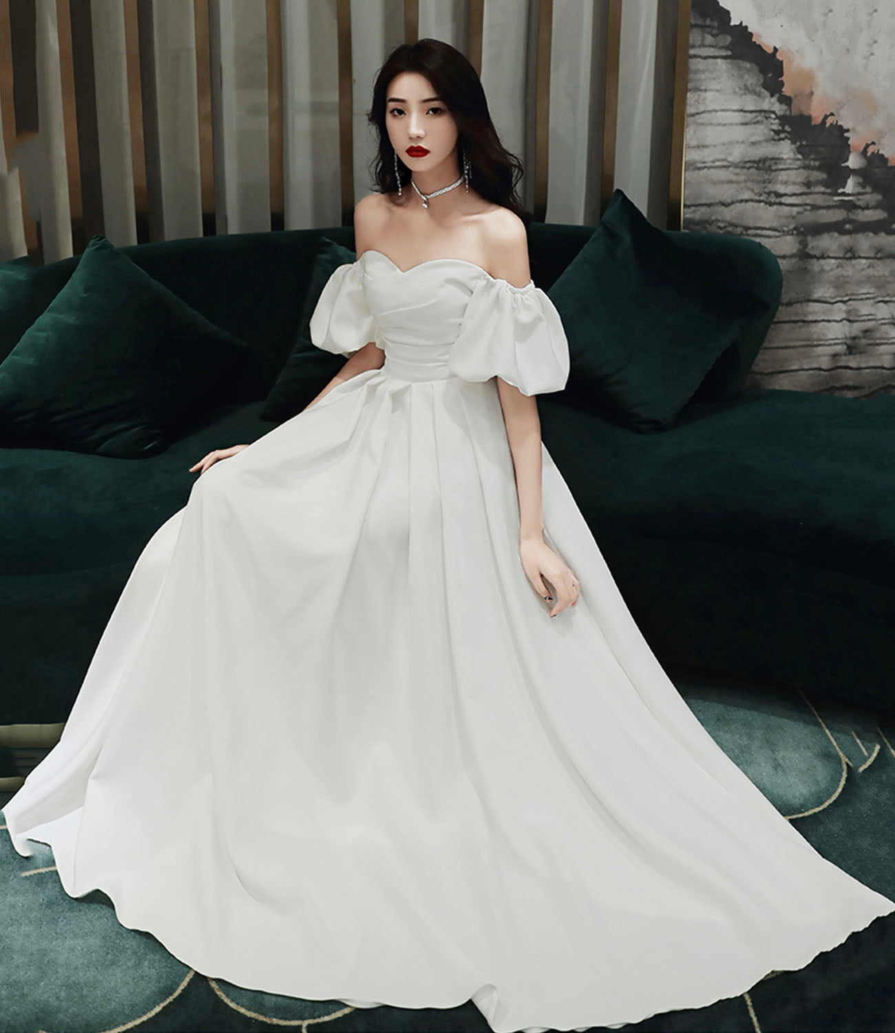 Simple A line long white prom dress white evening dress  10338