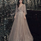 Champagne tulle lace long prom dress A line evening gown  10464