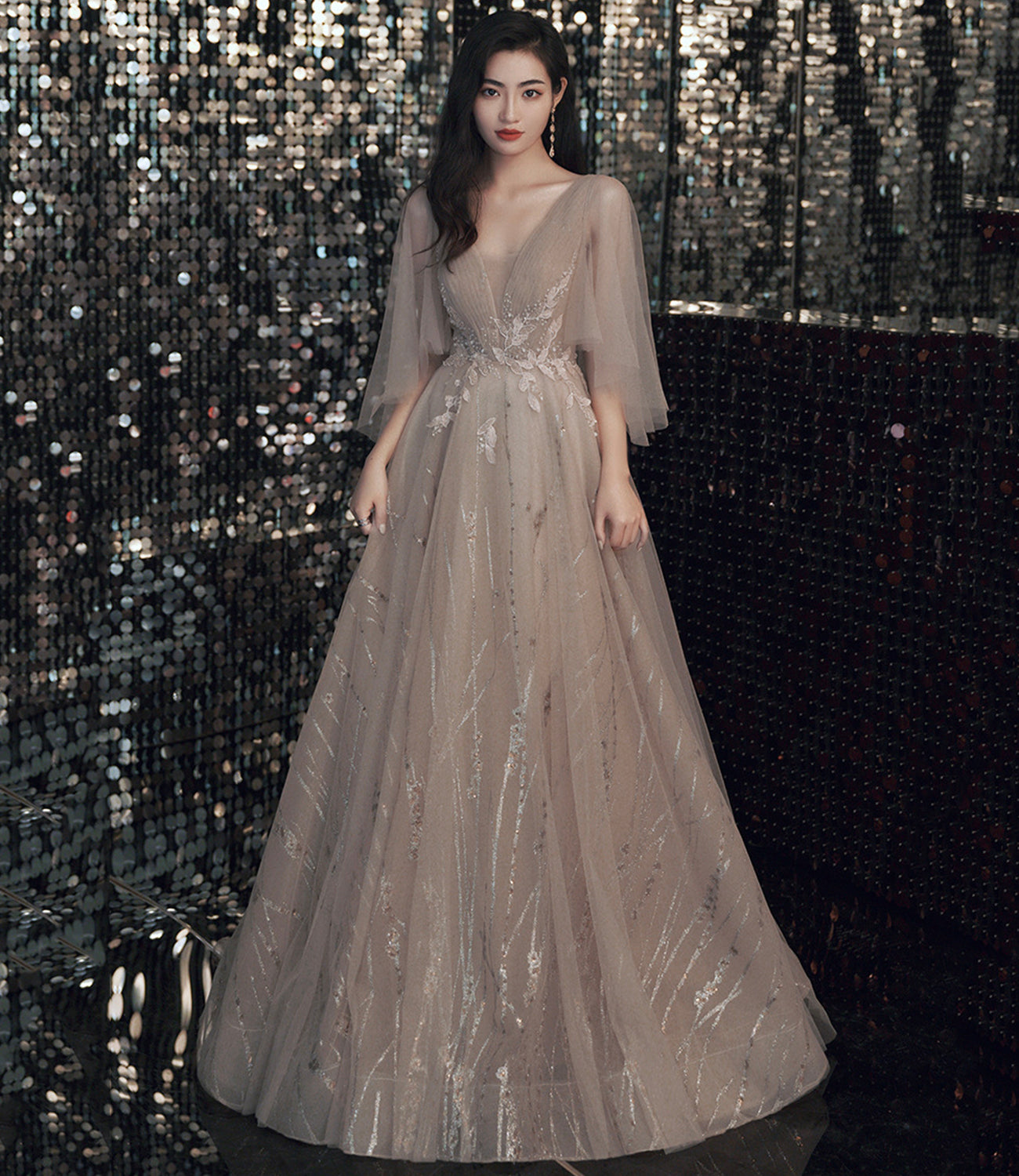 Champagne tulle lace long prom dress A line evening gown  10464
