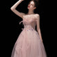 Pink tulle beads long prom dress A line evening dress  10429