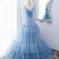 Blue tulle long A line prom dress blue evening dress  10551