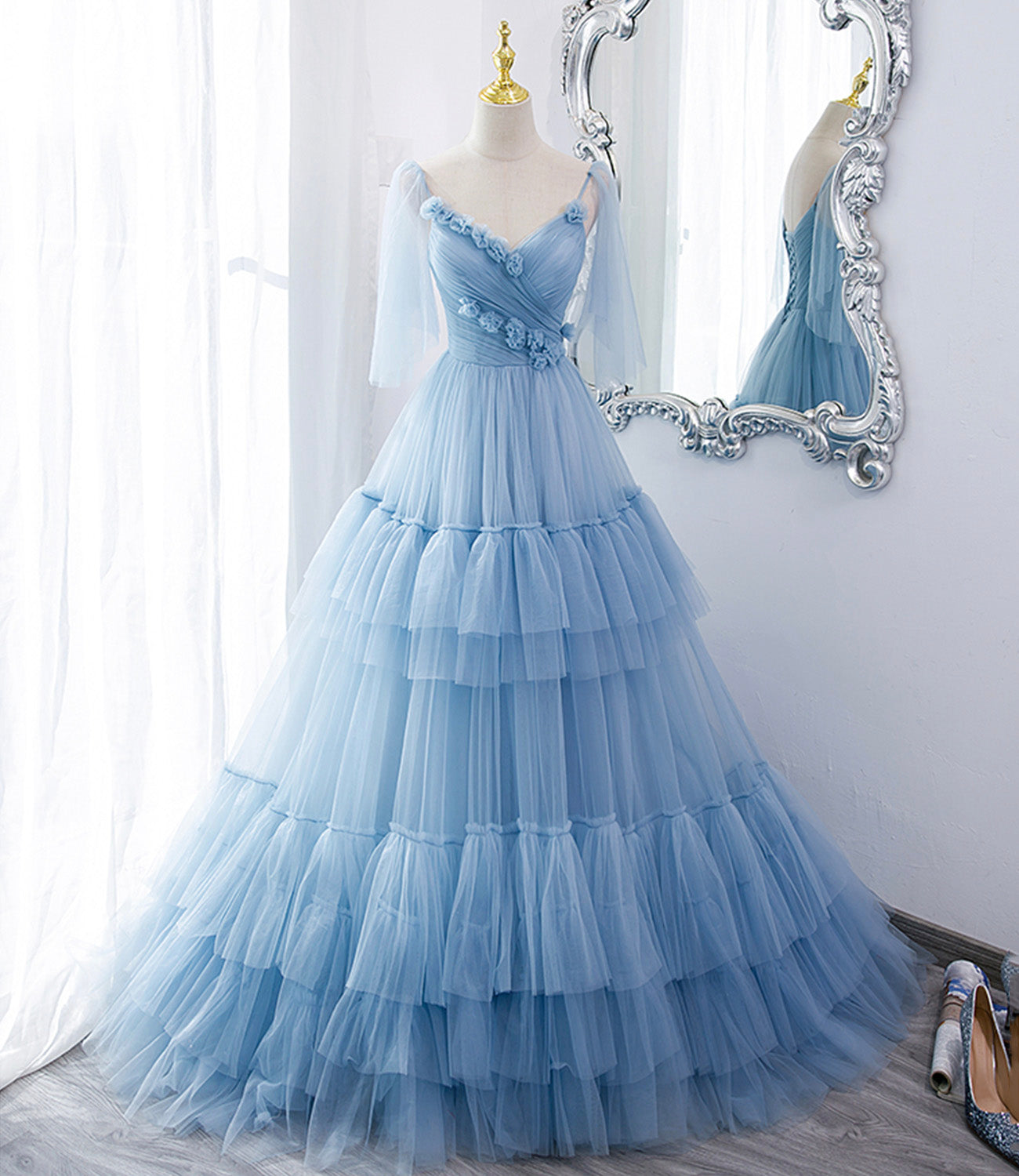 Blue tulle long A line prom dress blue evening dress  10551