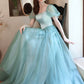 Green satin tulle long prom dress green evening dress  10618