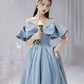 Blue satin long prom dress A line evening dress  10581