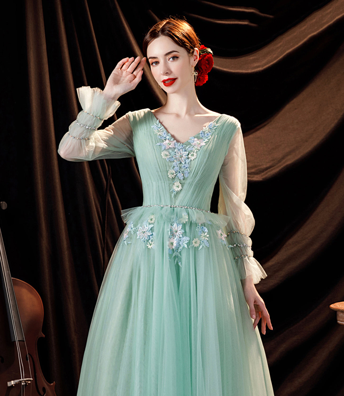 Green tulle lace long prom dress green evening dress  10535