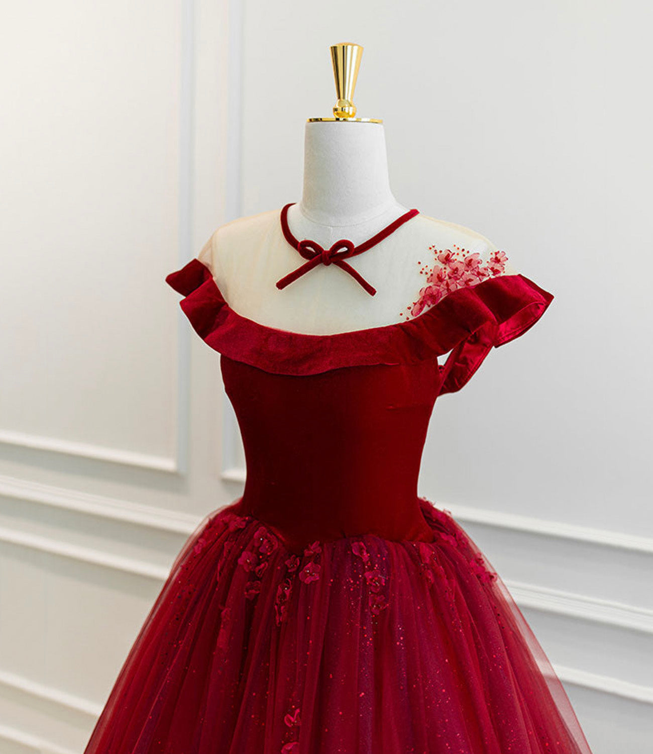 Burgundy velvet tulle long prom dress A line evening gown  10580