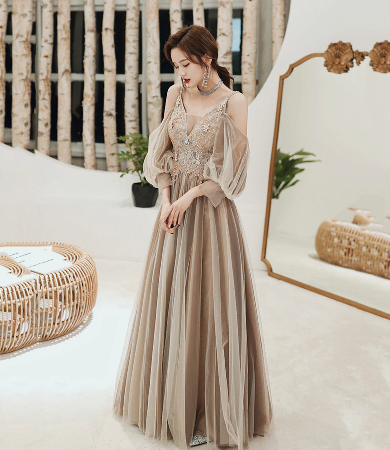 Cute tulle lace long prom dress A line evening dress  10449