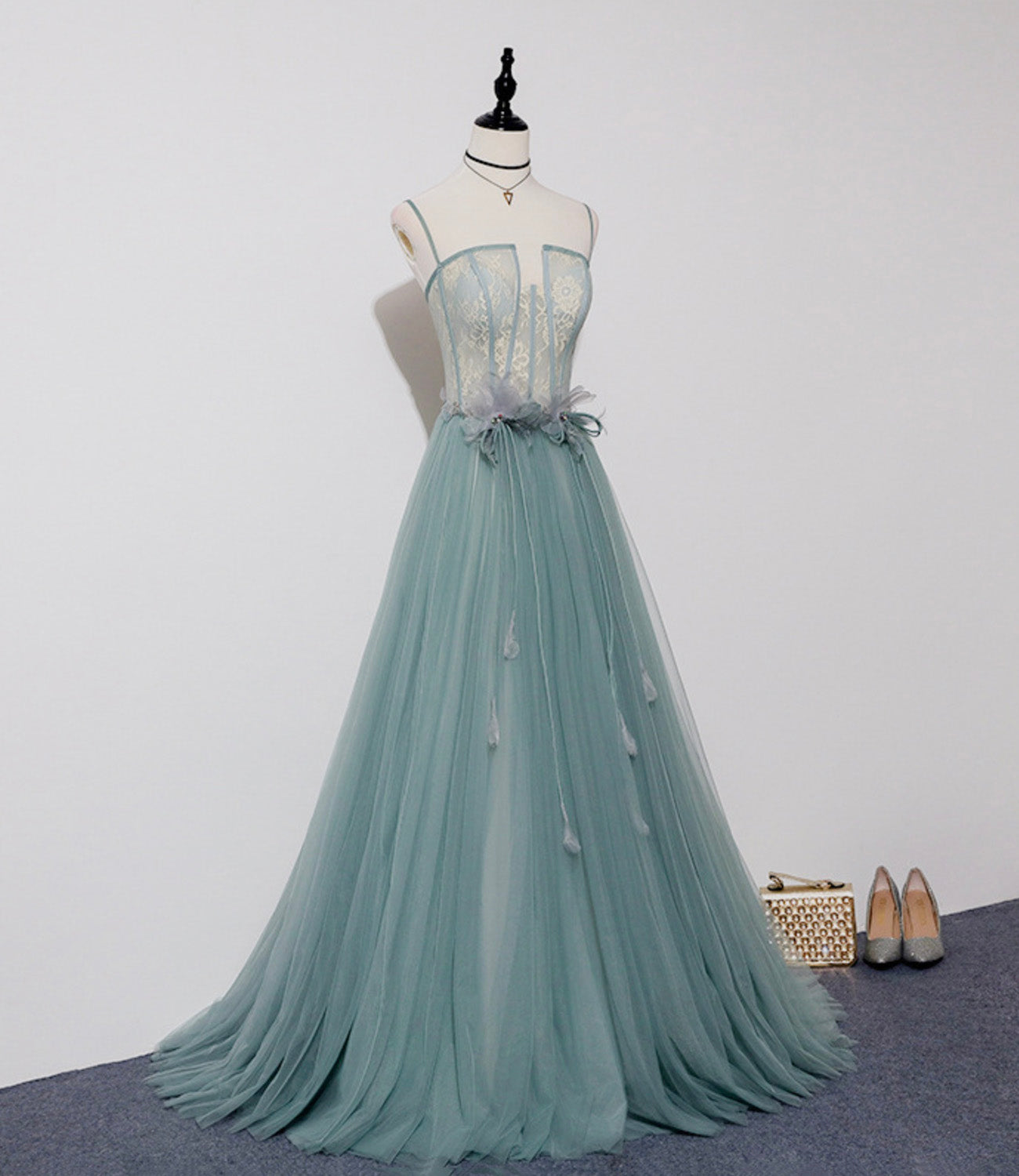 Green tulle lace long prom dress A line evening dress  10557
