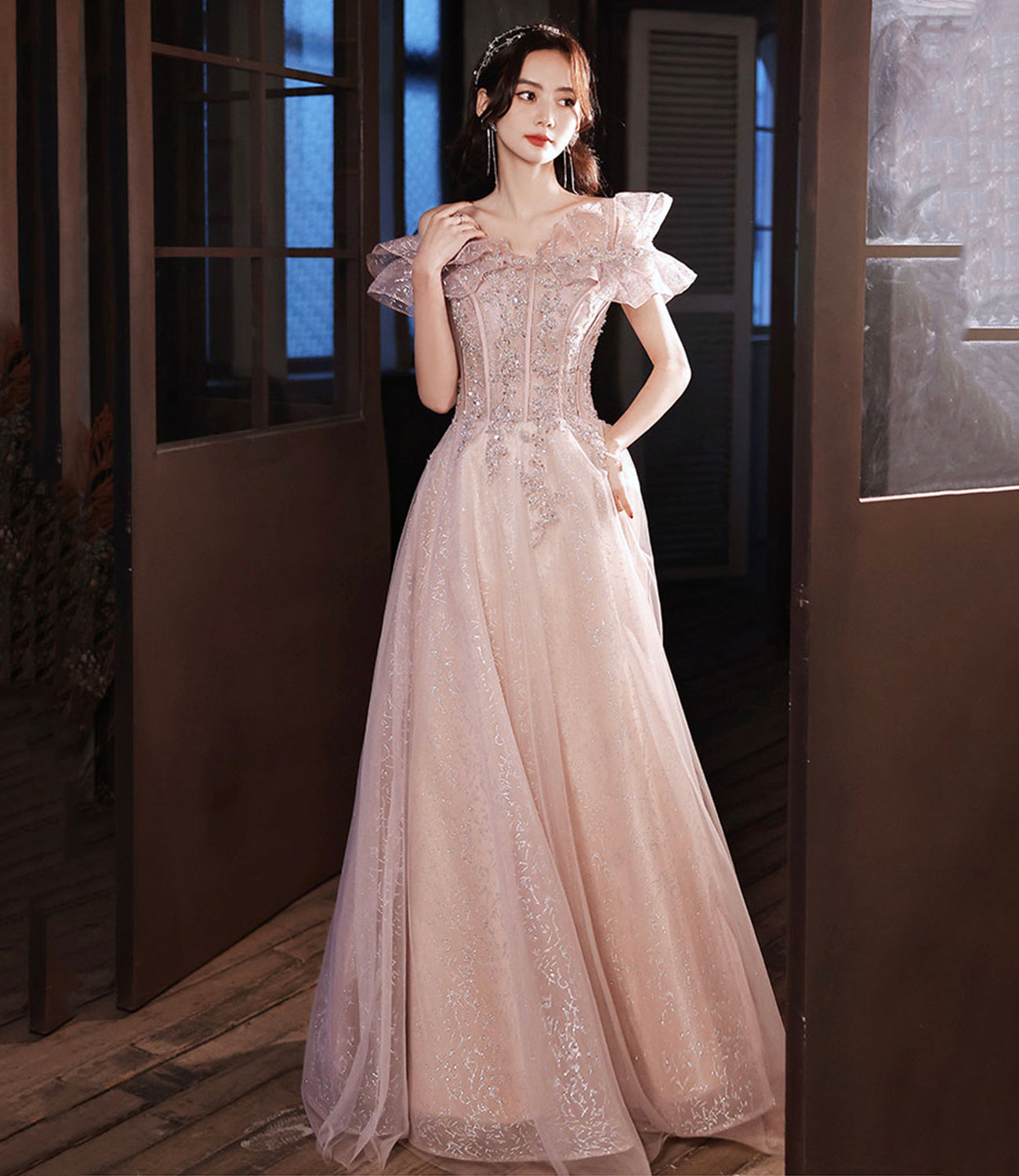 Pink tulle beads long prom dress A line evening dress  10487