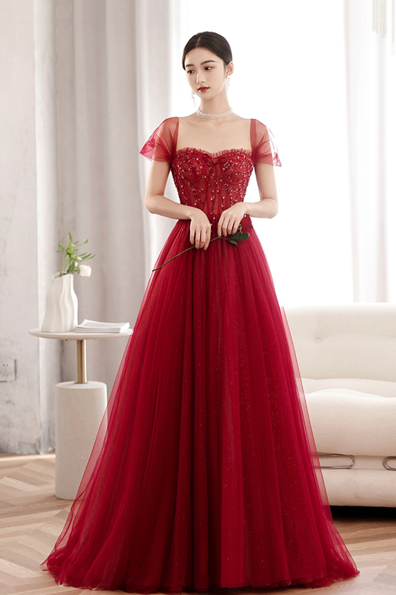 Burgundy tulle beads long prom dress evening dress  10604