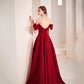 Burgundy satin long prom dress A line evening dress  10578