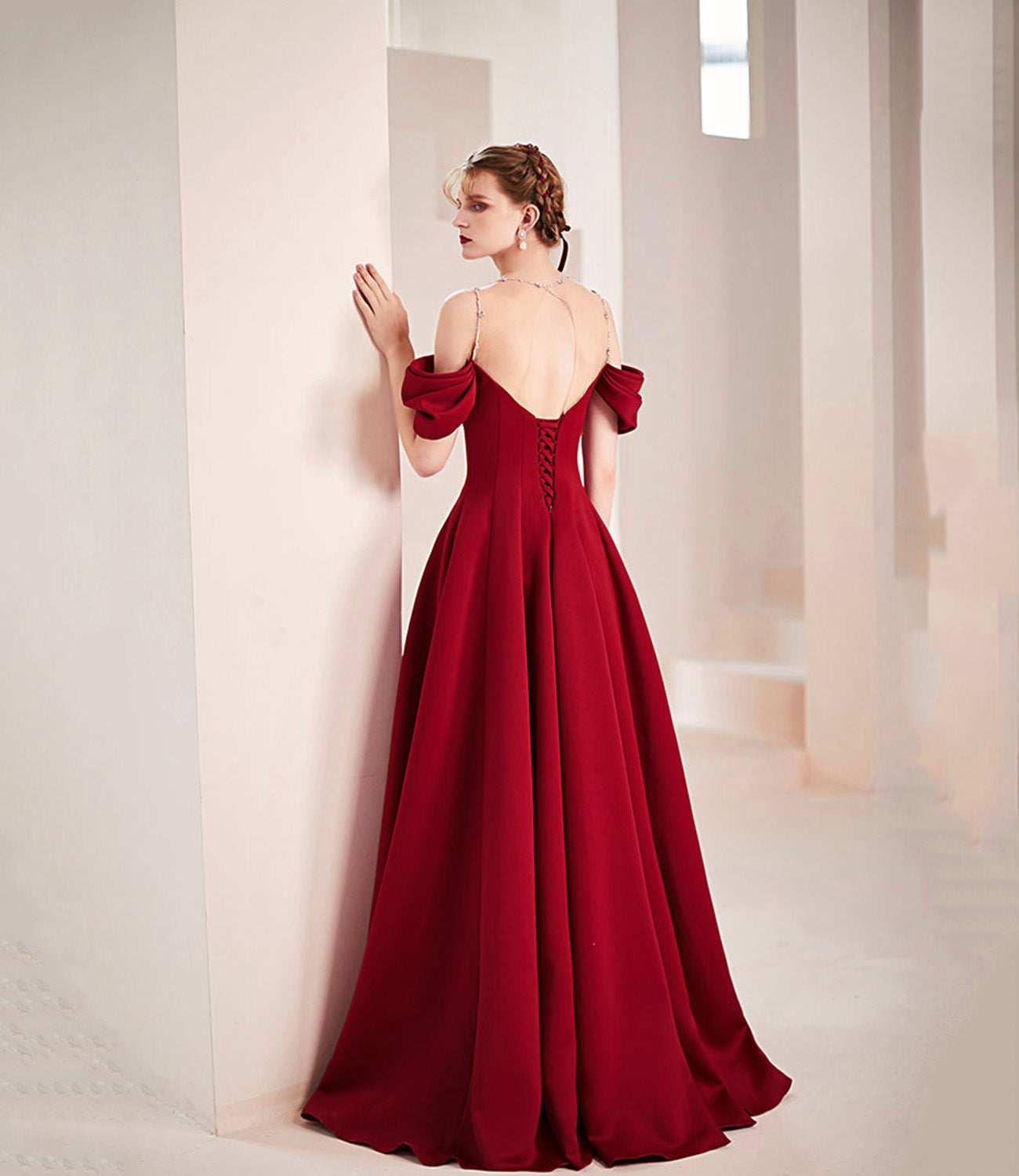 Burgundy satin long prom dress A line evening dress  10578