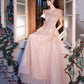 Pink tulle beads long prom dress A line evening dress  10487