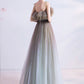 Gray green tulle sequins long prom dress evening dress  10616