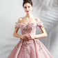 Pink tulle lace long prom dress A line evening gown  10359