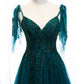 Green gorgeous exquisite beaded lace A-line long tulle ball gown evening dress 10357