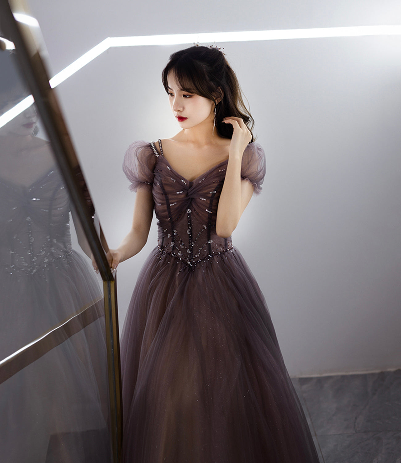 Cute tulle beads long prom dress A line evening dress  10498