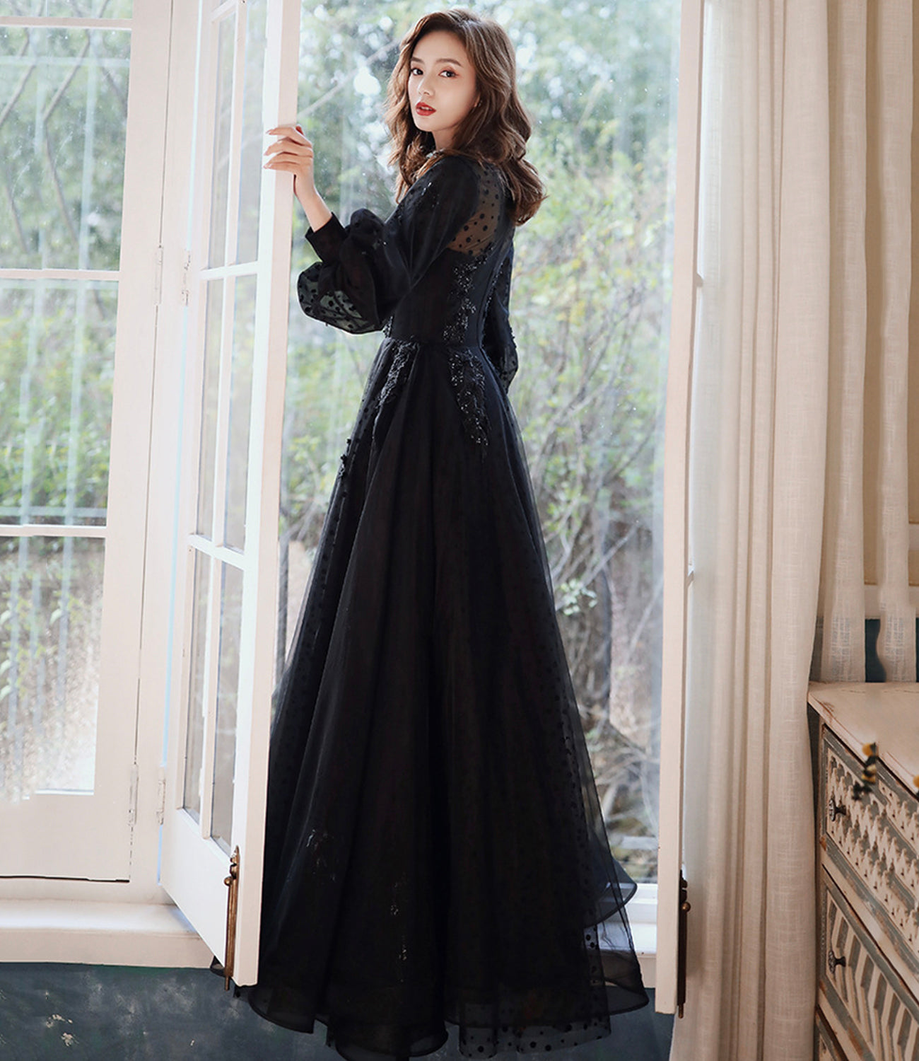Black tulle lace long prom dress A line evening dress  10460