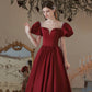 Burgundy satin long prom dress A line evening dress  10373