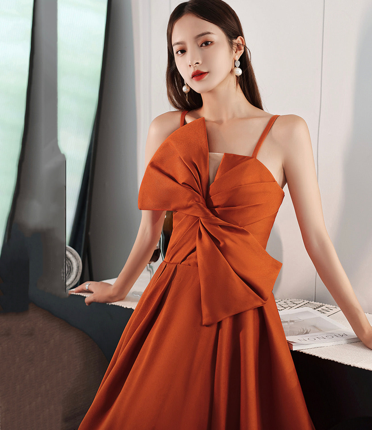 Orange satin long prom dress with bow A line formal dress  10568